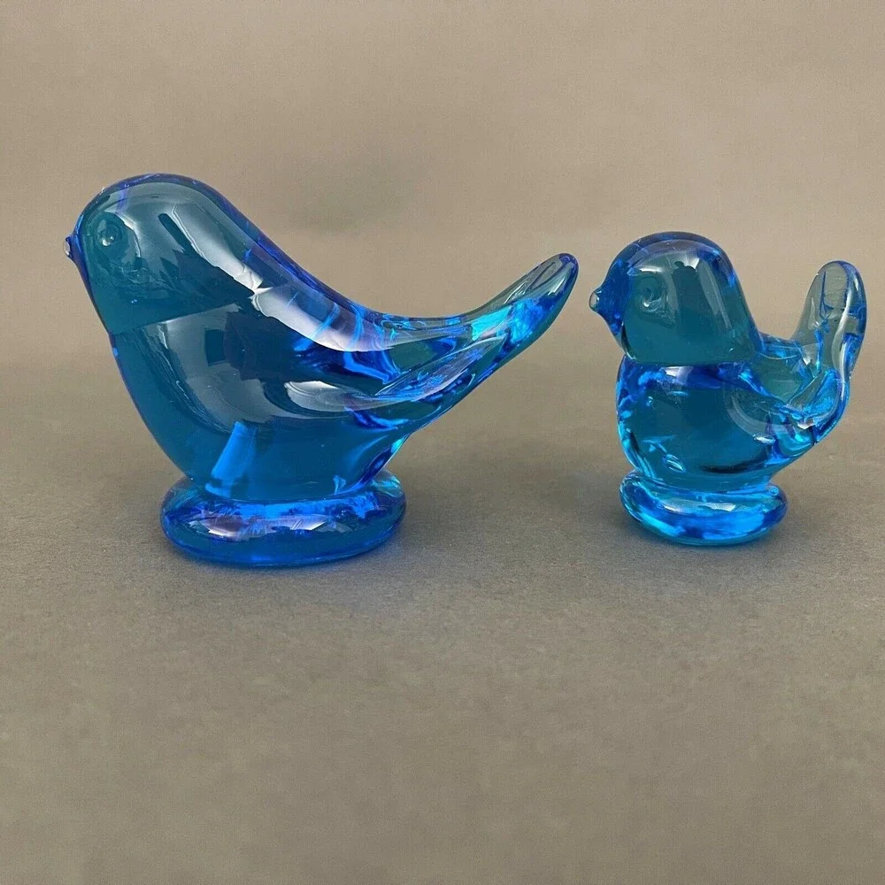 Vintage Leonard Love Birds Blue Glass Signed 1988 Lot‎ of 2